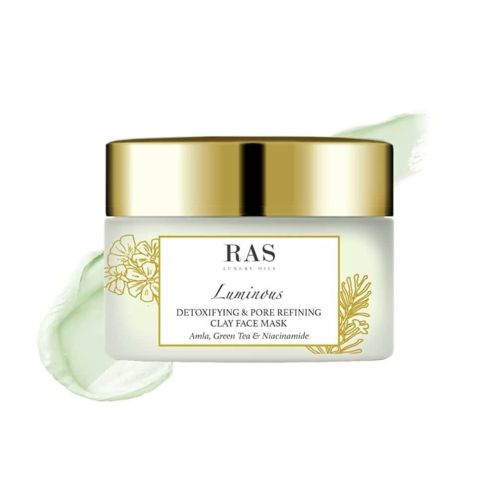 RAS Luminous Detoxifying & Pore Refining Clay Face Mask with gold lid on a white background