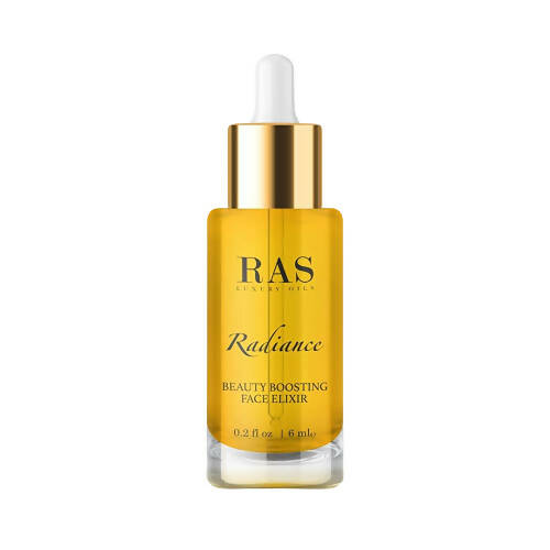Yellow bottle of RAS Radiance Beauty Boosting Face Elixir on a white background