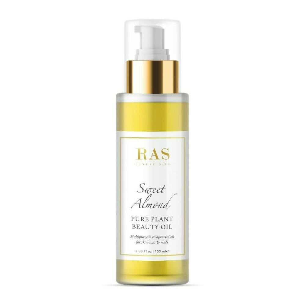 RAS Sweet Almond Pure Plant Beauty Oil bottle on a white background