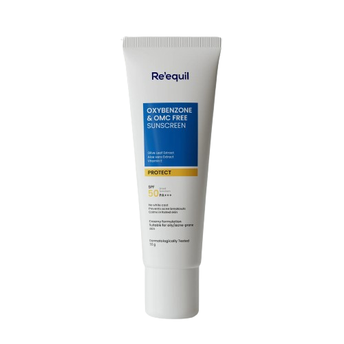 Tube of Re'equil sunscreen on a white background