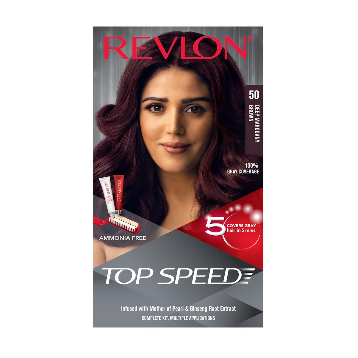 Revlon hair color packaging with a model featuring deep burgundy hair.