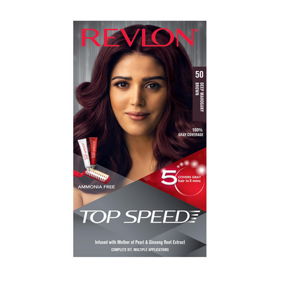 Revlon hair color packaging with a model featuring deep burgundy hair.
