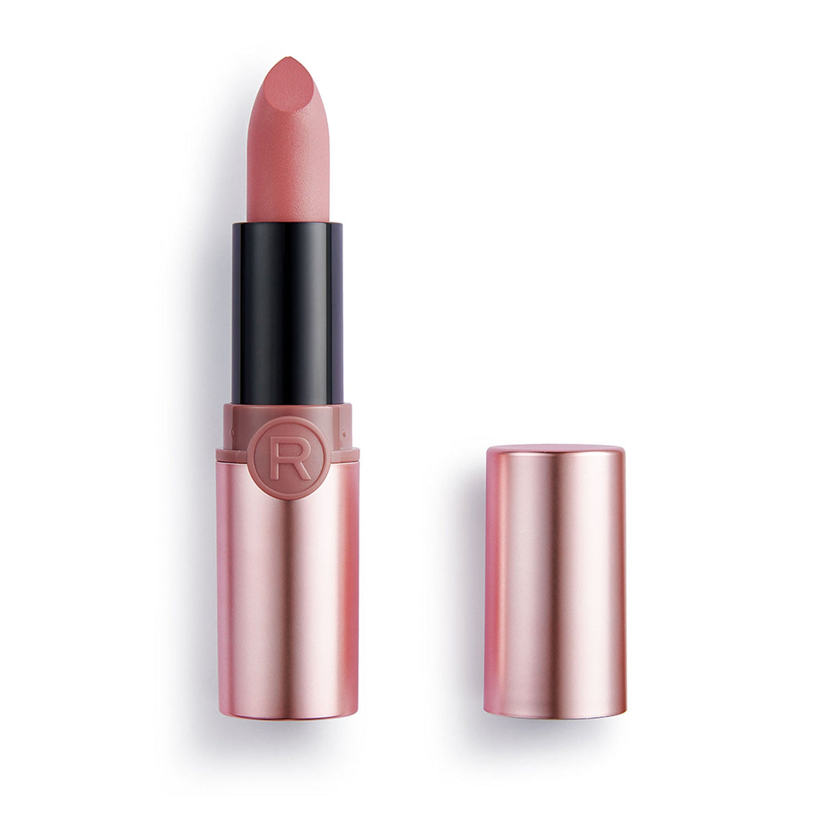 Lipstick with pink shade and black cap on a white background