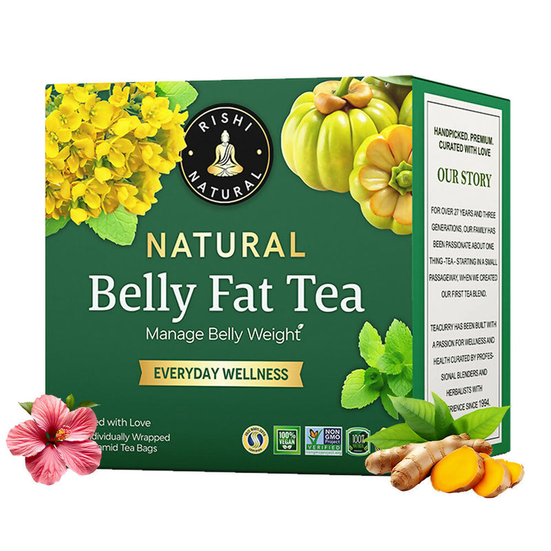 Box of Rishi Natural Belly Fat Tea with tea leaves, flowers, and turmeric on a white background