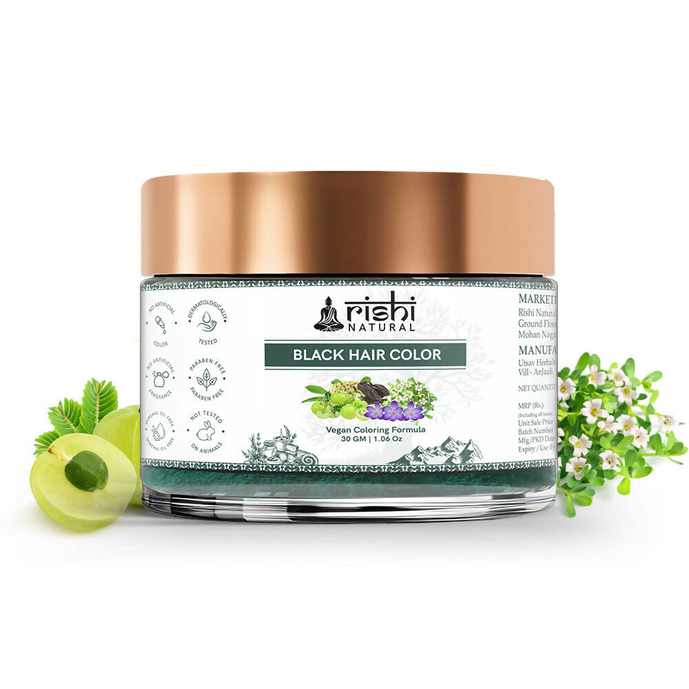 Jar of Riebi Natural Black Hair Color with botanical elements on a white background