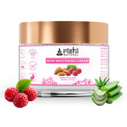 Rishi Natural skin whitening cream jar with raspberries and aloe vera on a white background