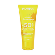 Yellow tube of Rivona Mineral Sunscreen SPF 50 on a white background