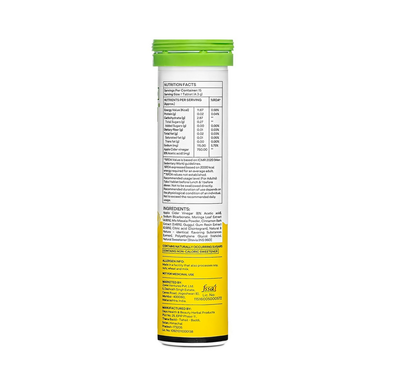 OZiva Metabolic ACV Moringa Effervescent Tablets for Control Cravings - Lemon Masala Flavor