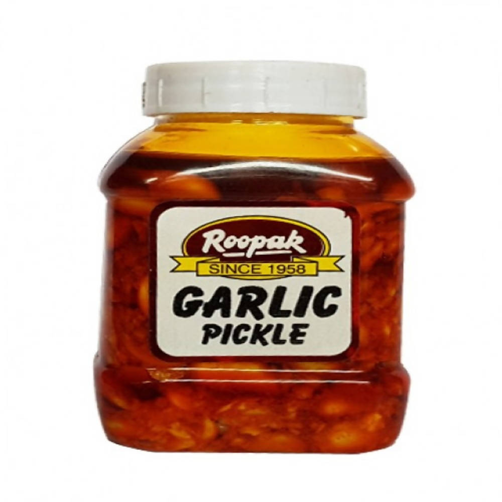 Jar of Roopak Garlic Pickle on a white background