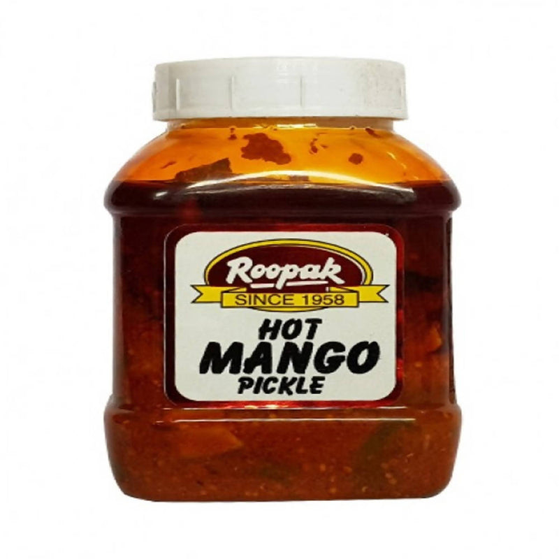 Jar of Roopak Hot Mango Pickle on a white background
