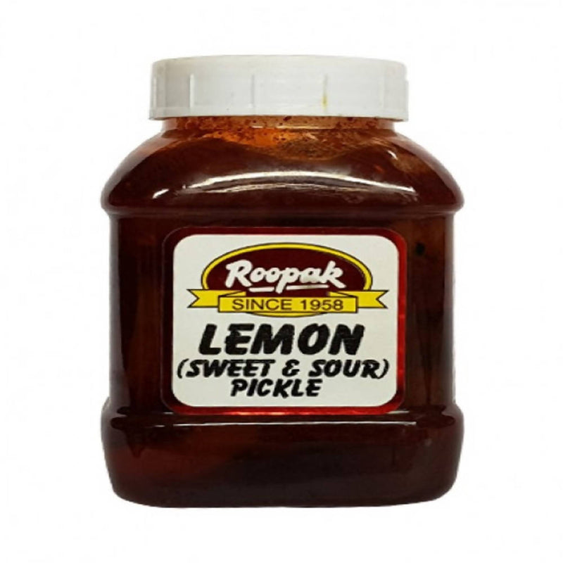 Jar of Roopak lemon sweet and sour pickle on a white background
