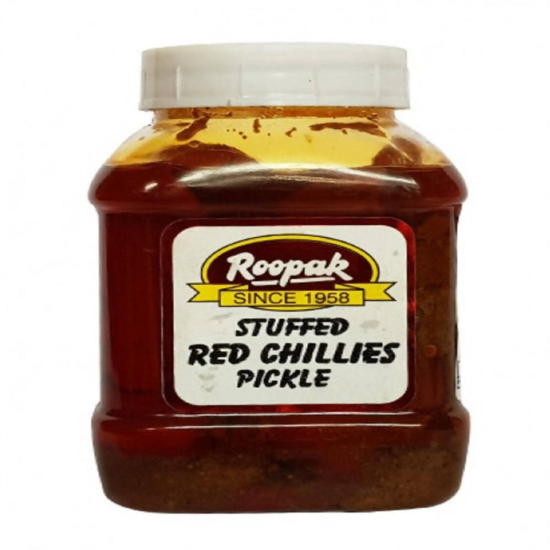 Jar of Roopak Stuffed Red Chillies Pickle on a white background