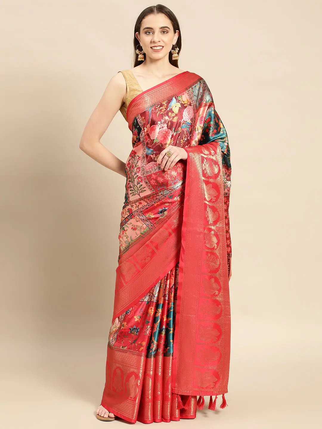 Soft Satin Kanchi Border Colour Block Print Party Wear Saree