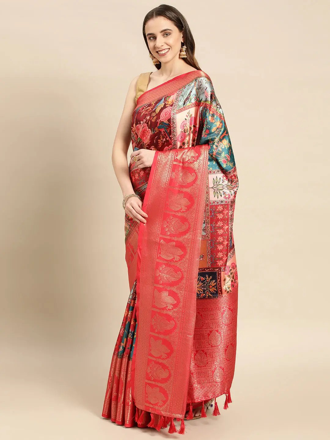 Soft Satin Kanchi Border Colour Block Print Party Wear Saree
