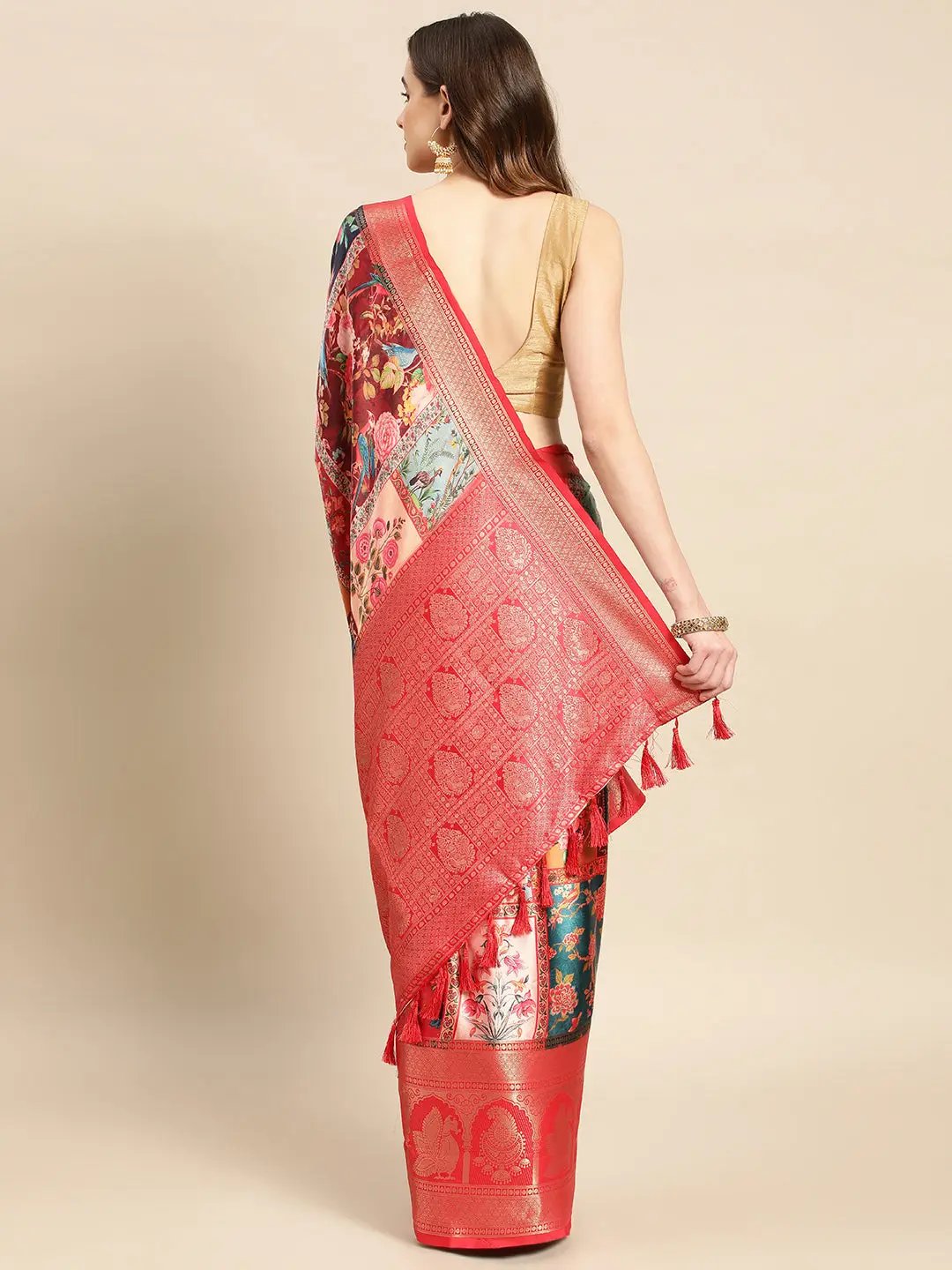 Soft Satin Kanchi Border Colour Block Print Party Wear Saree
