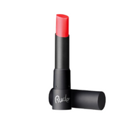 Red lipstick with black casing on a white background, featuring the brand 'Rude'.
