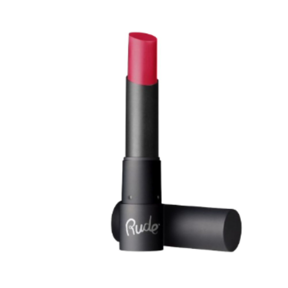 Red lipstick with black casing on a white background, featuring the brand 'Rude'.