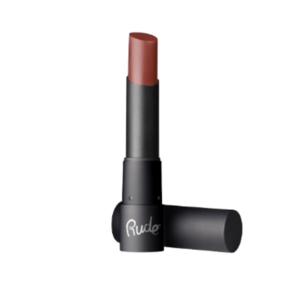 Lipstick with black casing and red lipstick on a white background, featuring the brand 'Rude'.