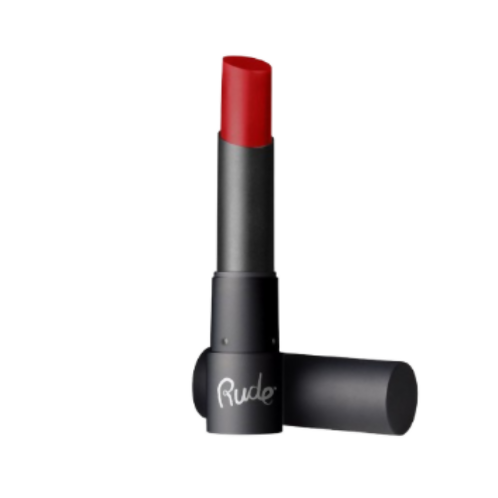 Red lipstick with black casing on a white background, featuring the brand 'Rude'.