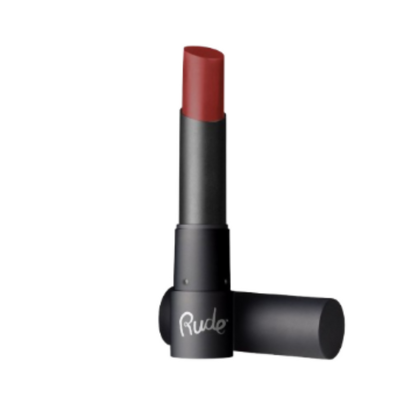 Red lipstick with black casing on a white background, featuring the brand 'Rude'.