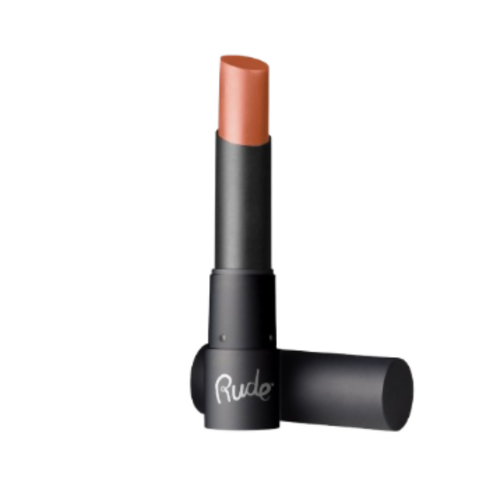 Lipstick with black casing and 'Rude' branding on a white background