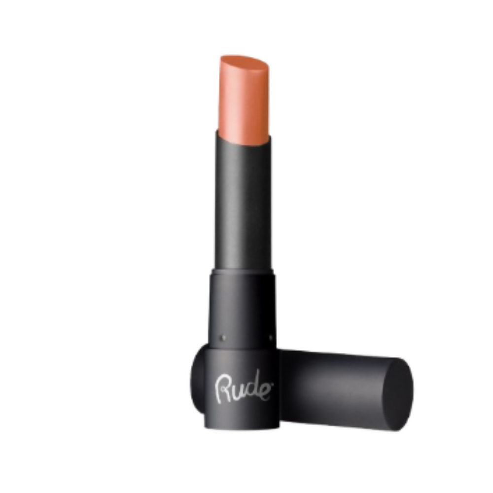 Lipstick with black casing and orange lipstick on a white background