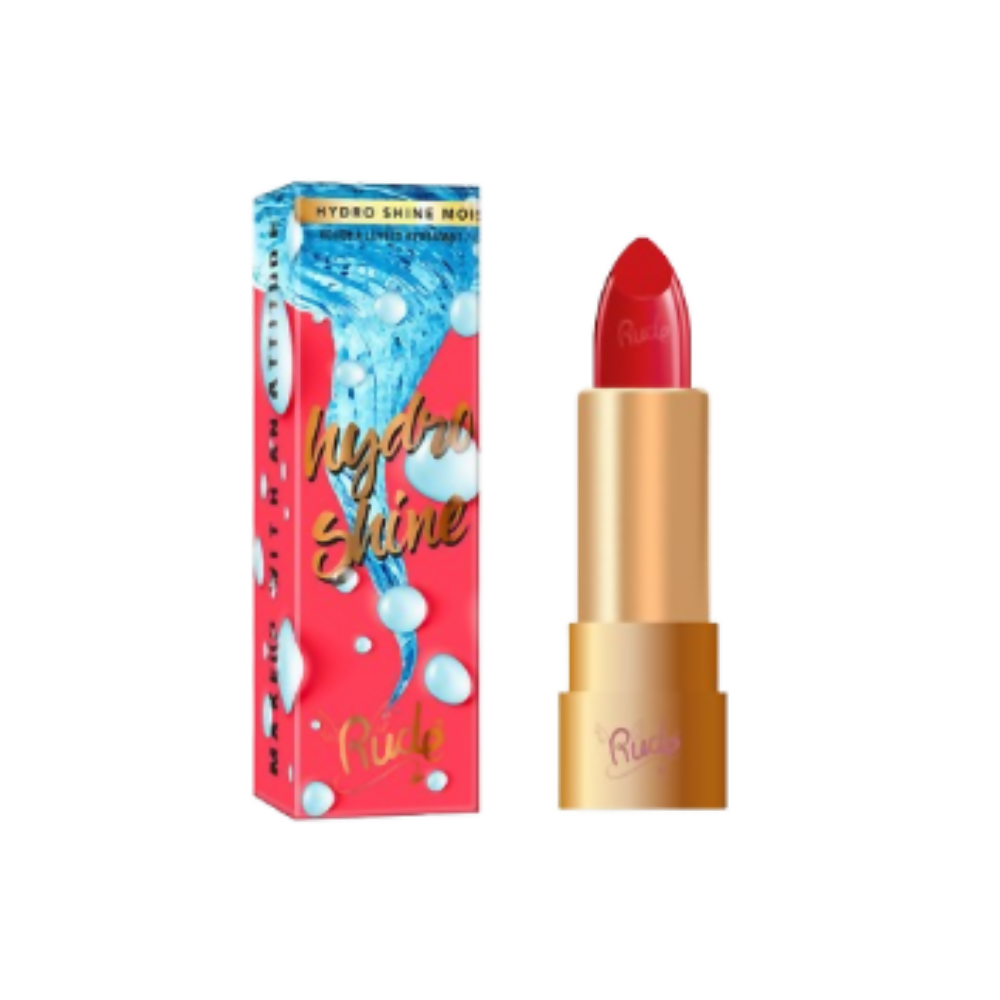 Red lipstick with gold cap and 'Rujeko' branding next to its packaging on a white background
