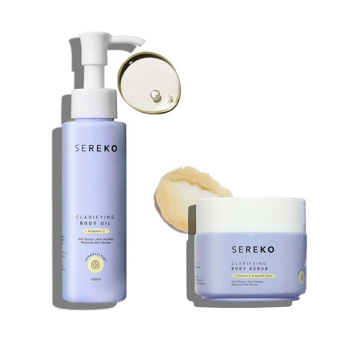 Sereko clarifying body oil and scrub on a white background