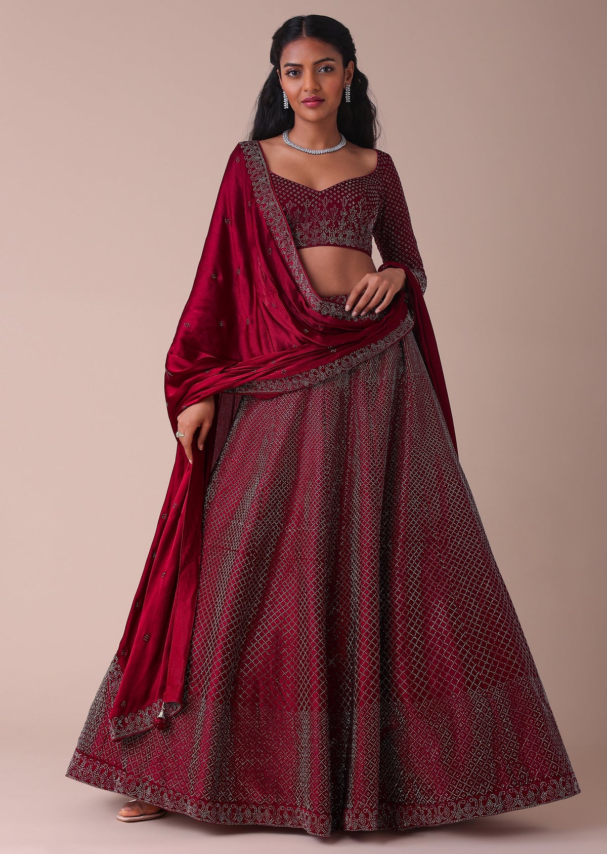 Maroon Red Wrinkle Satin Lehenga With Swarovski Crystals