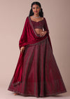 Maroon Red Wrinkle Satin Lehenga With Swarovski Crystals