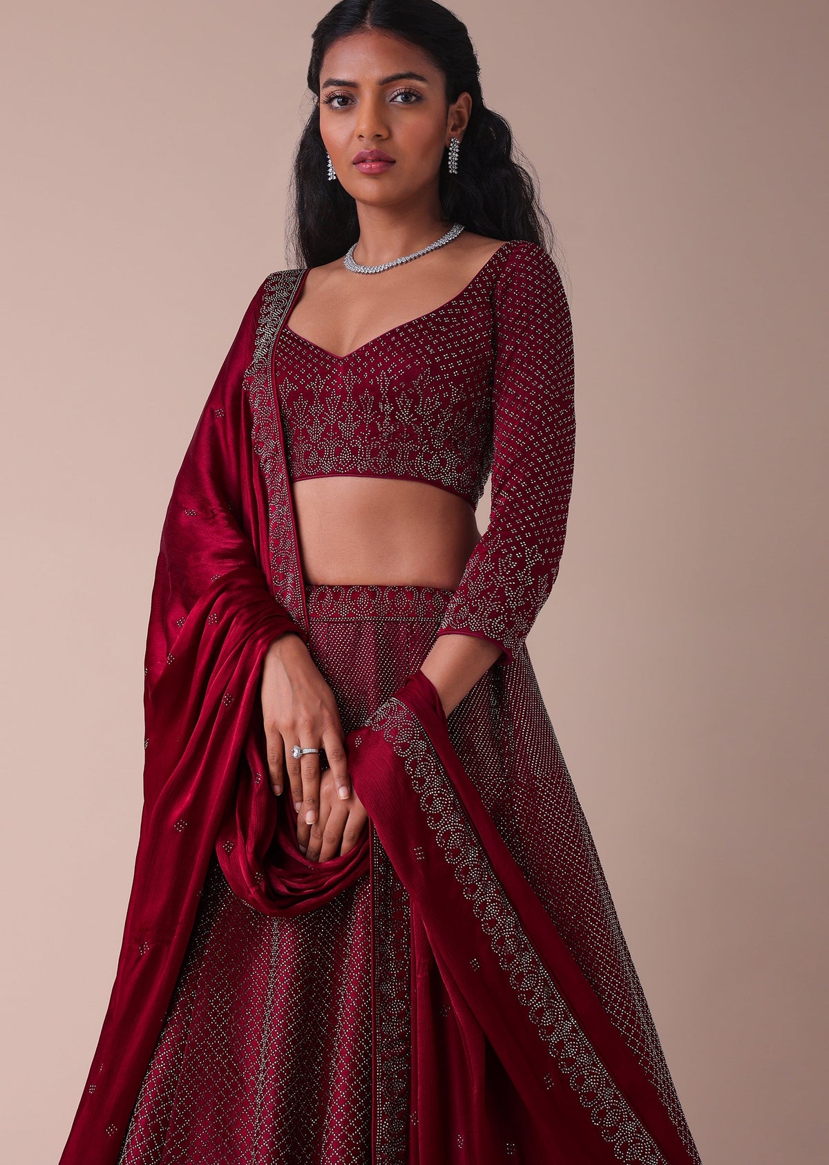 Maroon Red Wrinkle Satin Lehenga With Swarovski Crystals