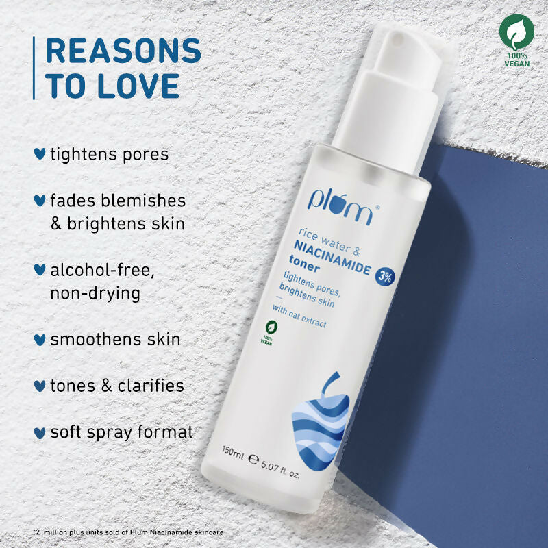 Plum 3% Niacinamide Alcohol-Free Toner and 10% Niacinamide Brightening Face Serum With Rice Water Combo