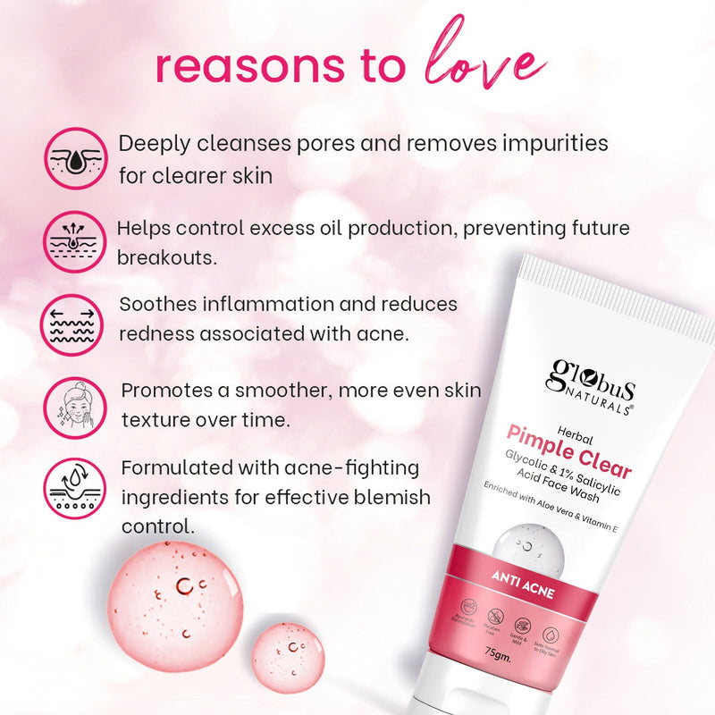 Globus Naturals Herbal Pimple Clear Glycolic & 1% Salicylic Acid Face Wash