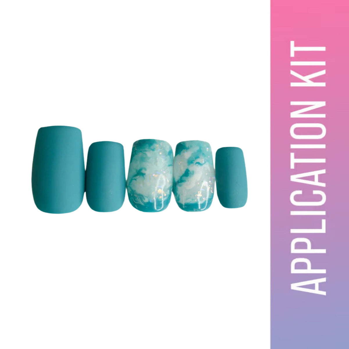 Nail application kit with teal and white marbled design on a pink background