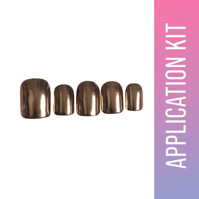 Set of metallic gold nails with 'APPLICATION KIT' text on a pink and purple gradient background