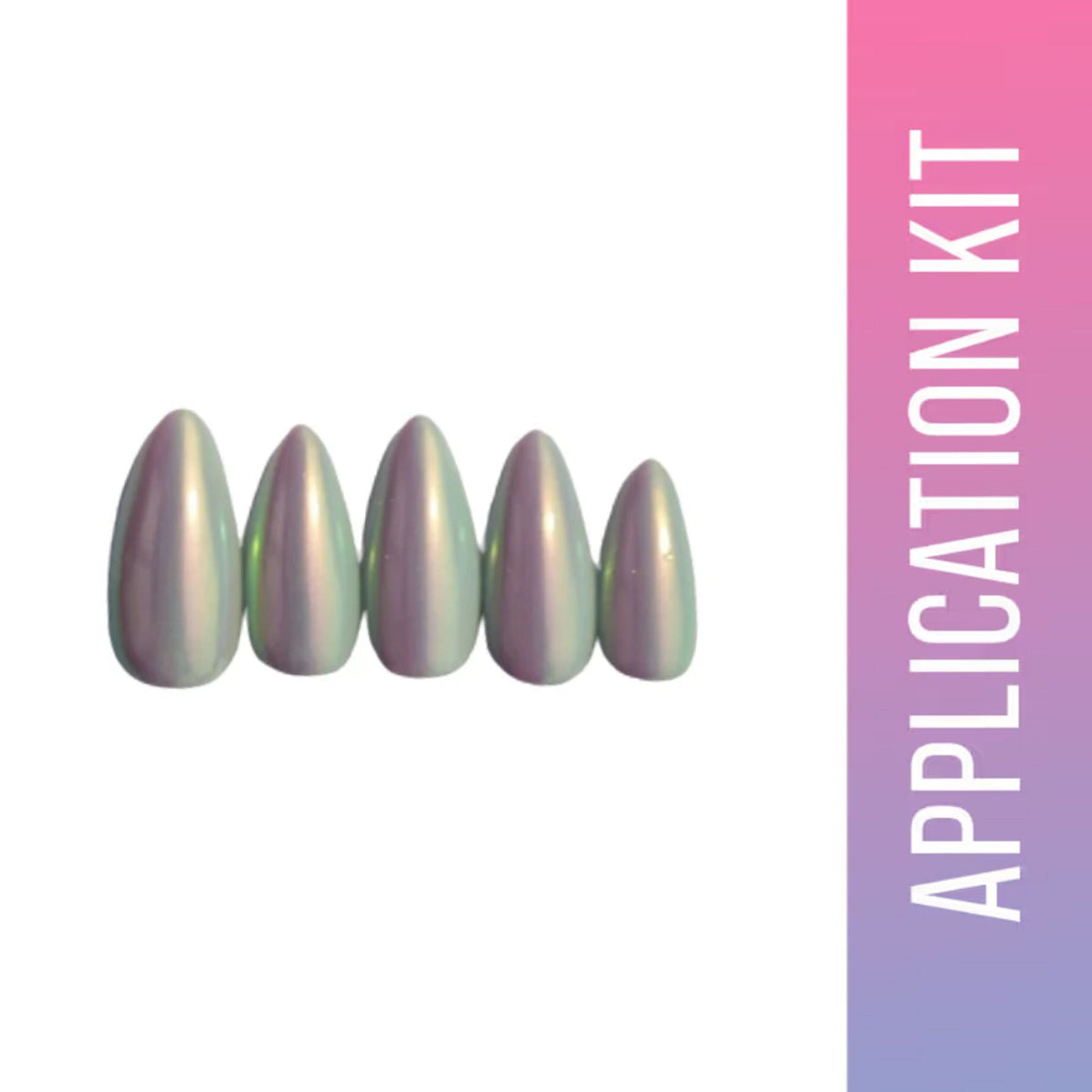 Nail application kit with stiletto-shaped nails on a white background