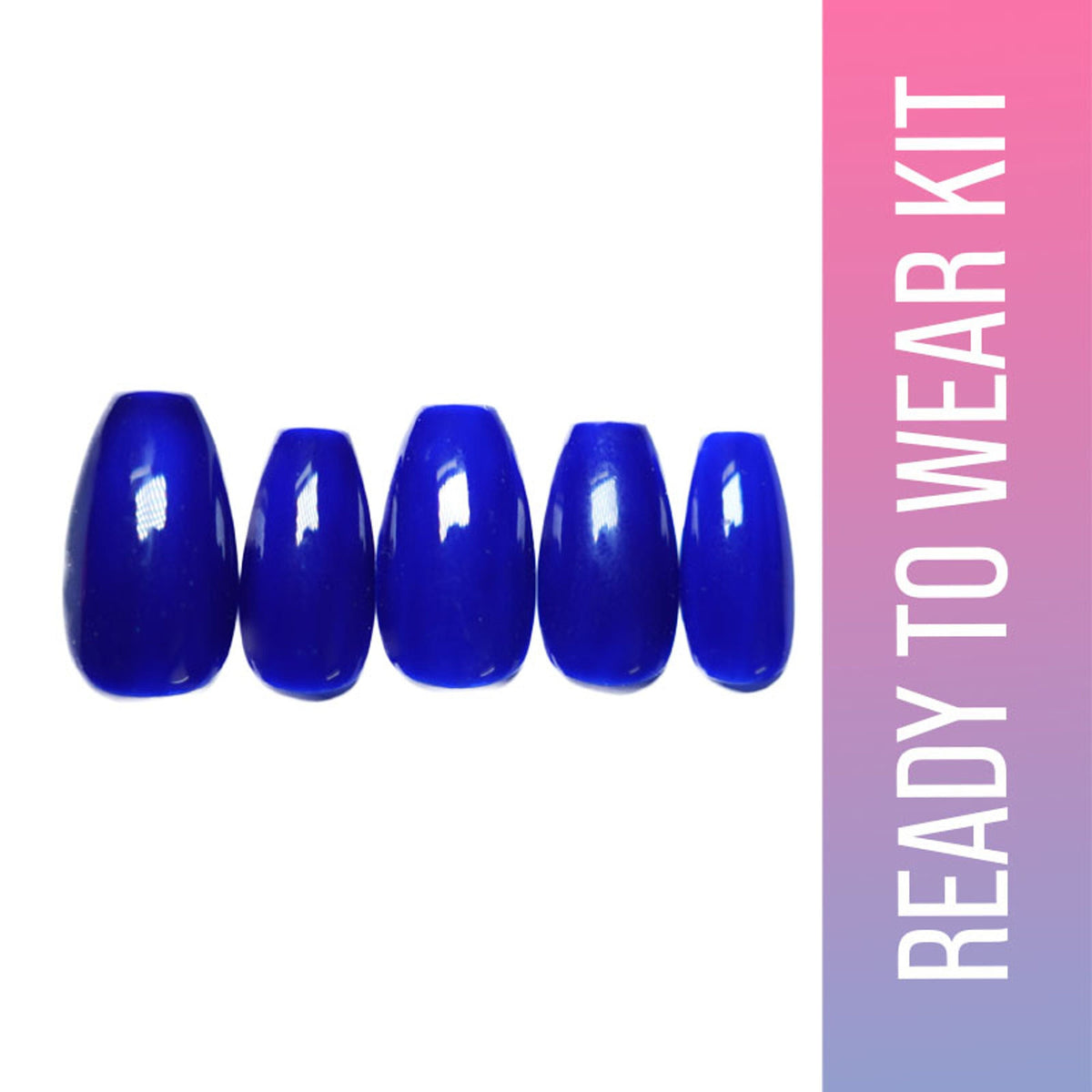 Set of blue press-on nails with 'Ready to Wear Kit' text on a pink and purple gradient background.