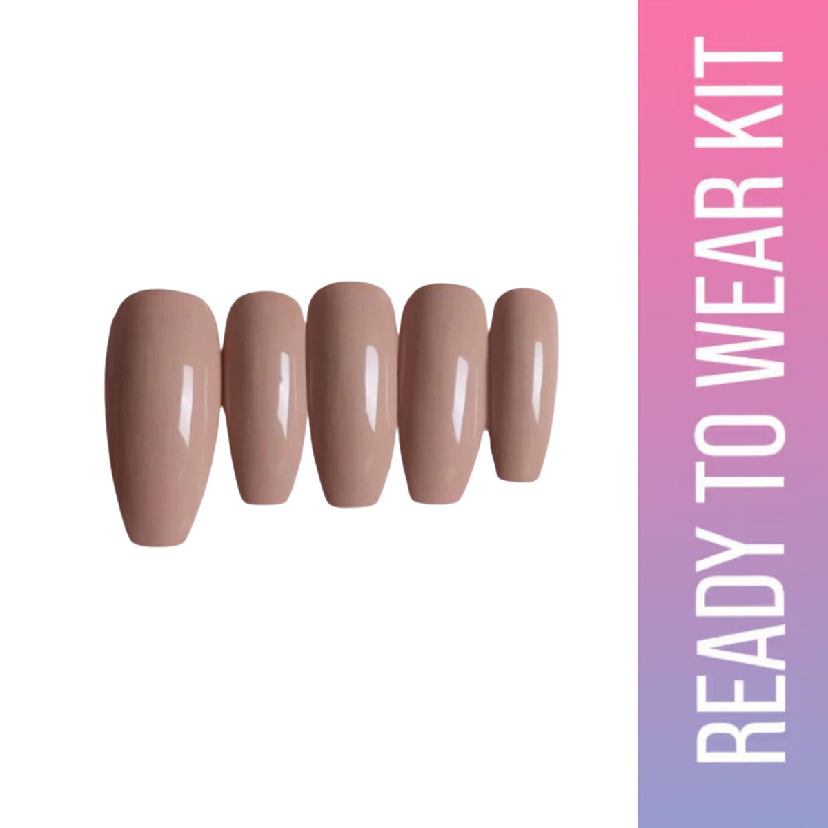 Set of five nude-colored nails on a white background with 'Ready to Wear Kit' text on a pink and purple gradient.