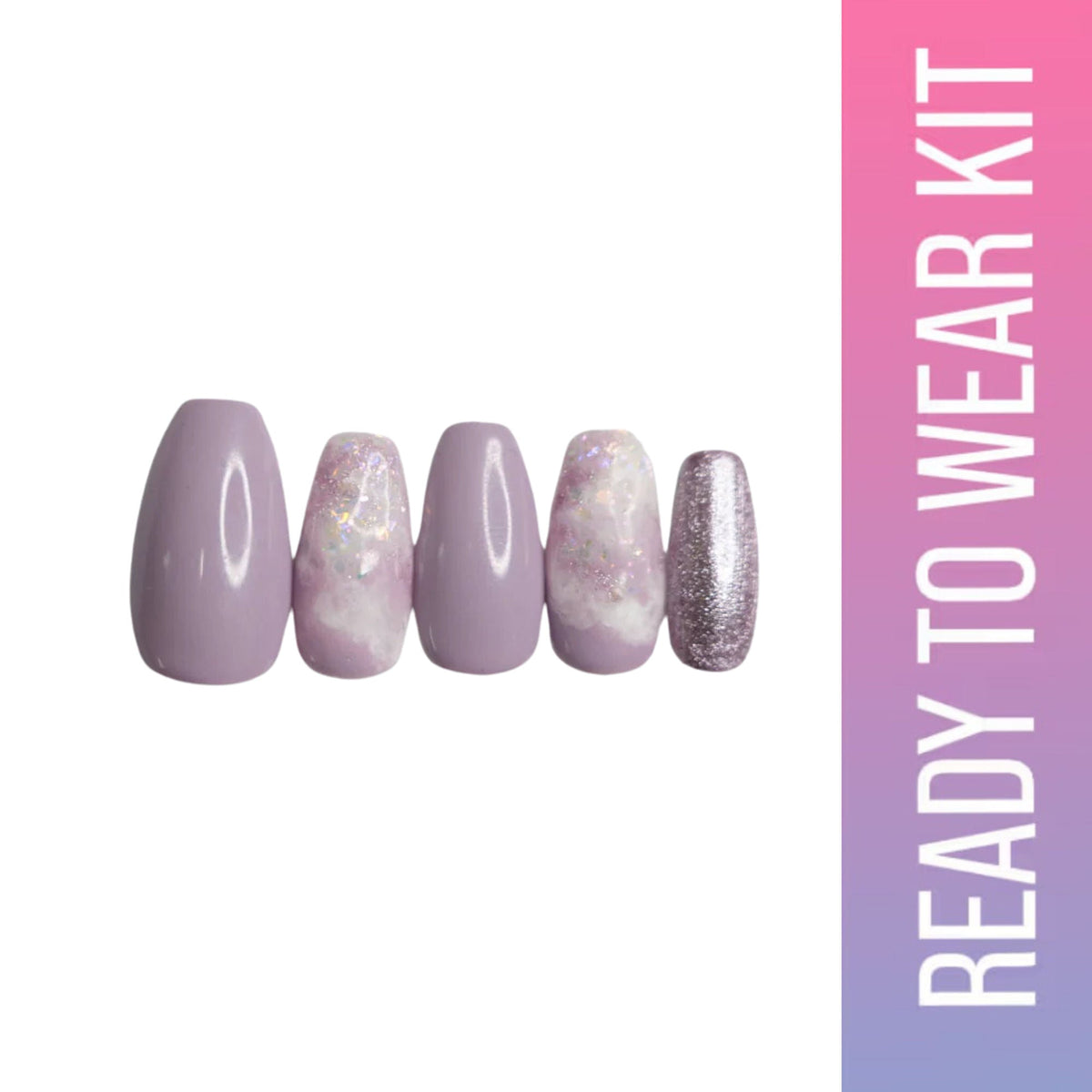 Set of purple and silver marbled nail art with a 'Ready to Wear Kit' label on a white background.