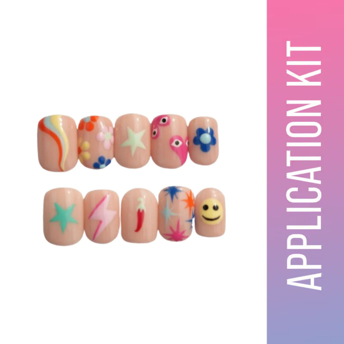 Nail art application kit with various designs on a white background