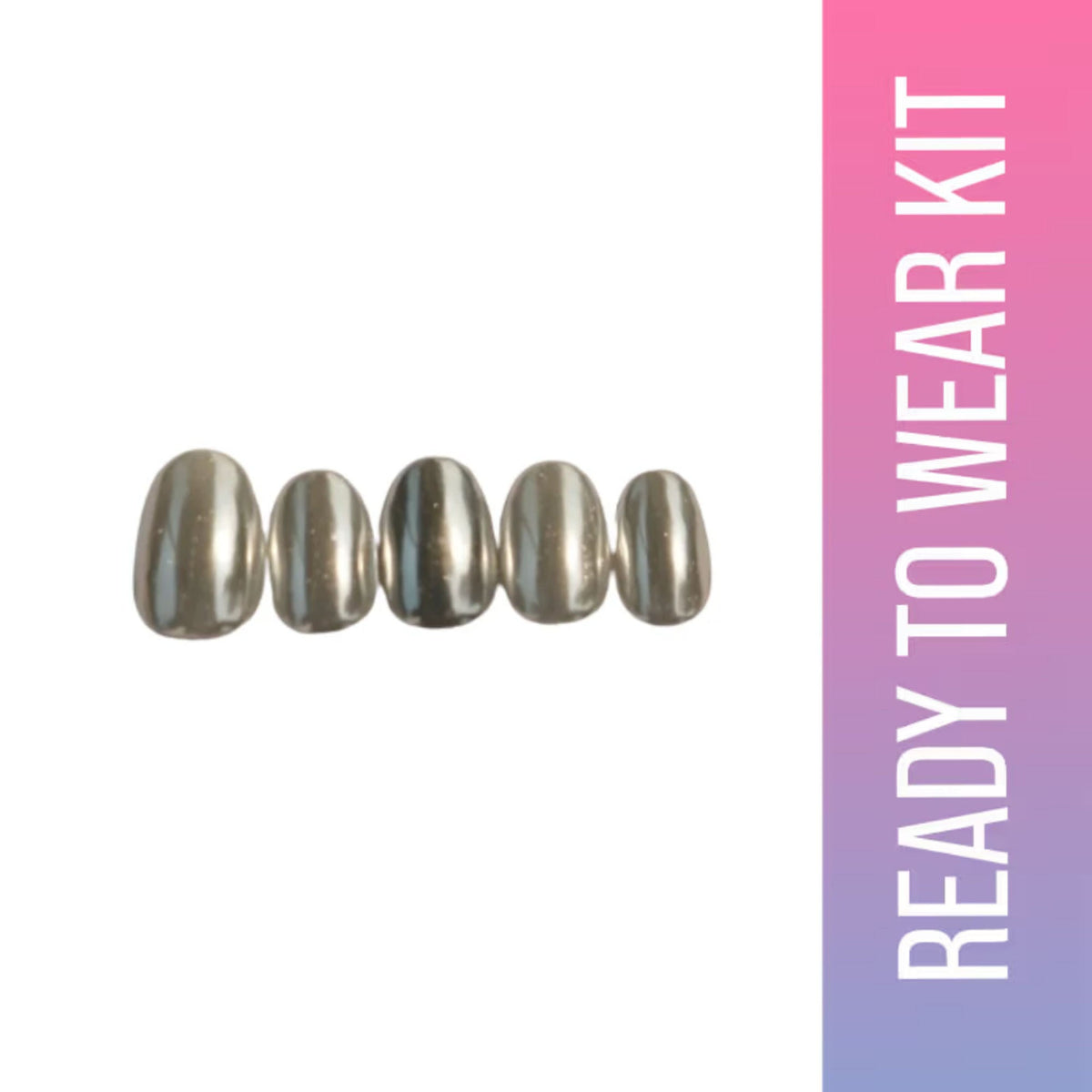 Silver dental veneers on a white background with 'Ready to Wear Kit' text on a pink and purple gradient.