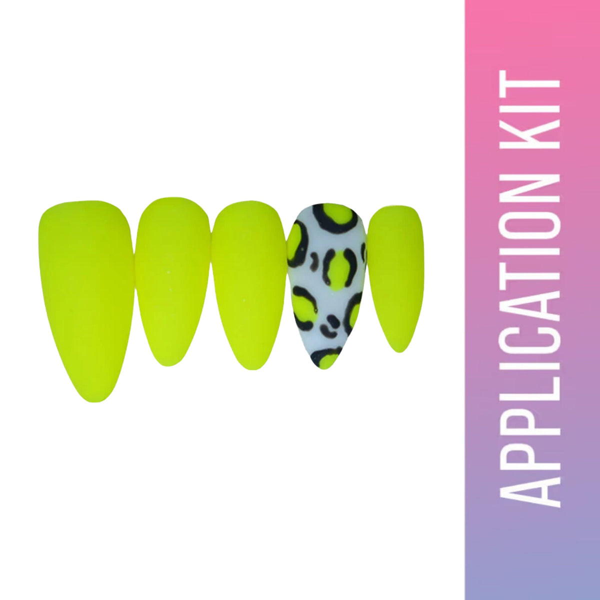 Nail art application kit with green and leopard print design on a white and pink gradient background