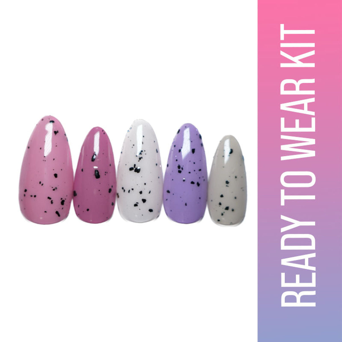 Set of five artificial nails in pink, white, and purple with black speckles on a white background with 'Ready to Wear Kit' text.