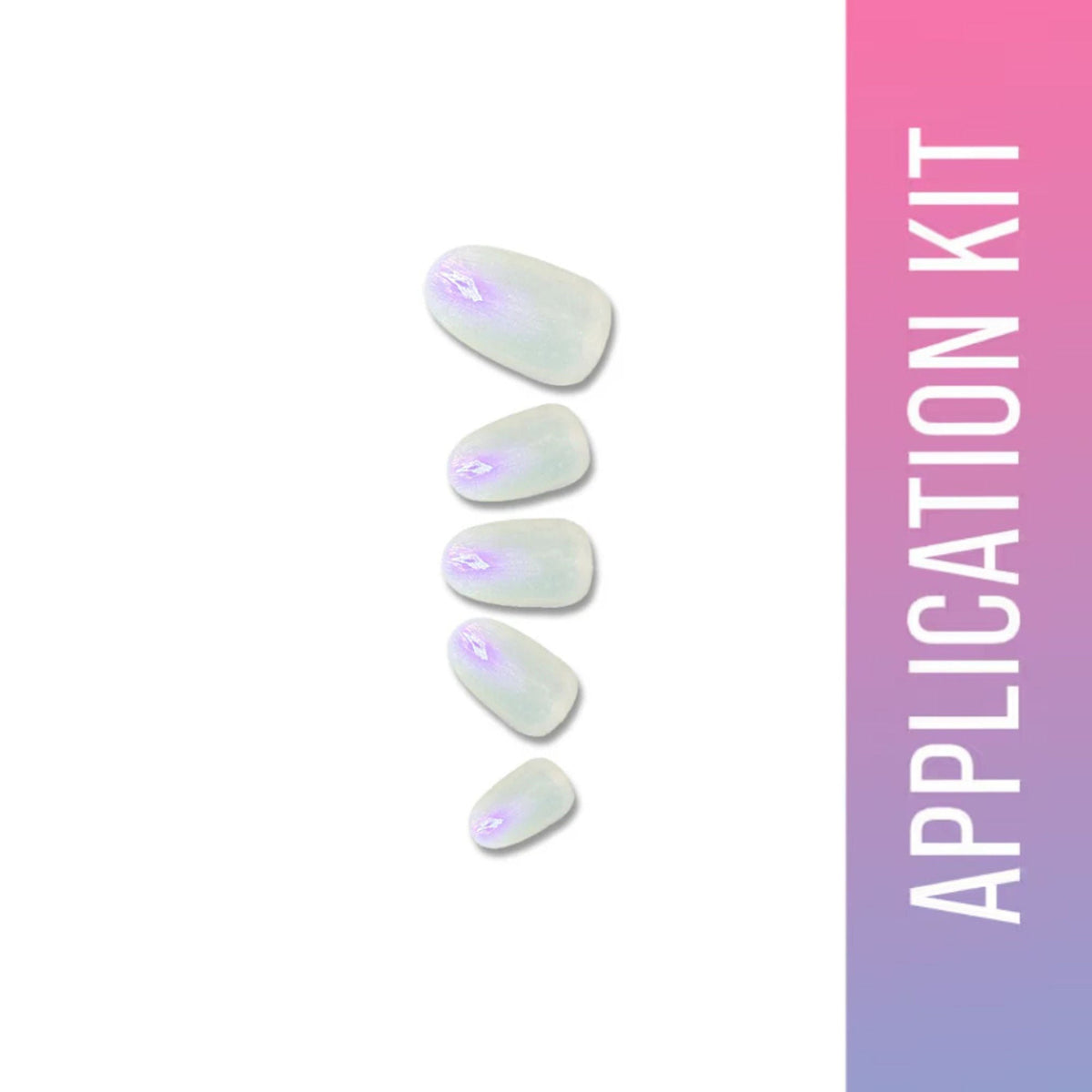 Nail application kit with gel nails on a gradient pink and blue background
