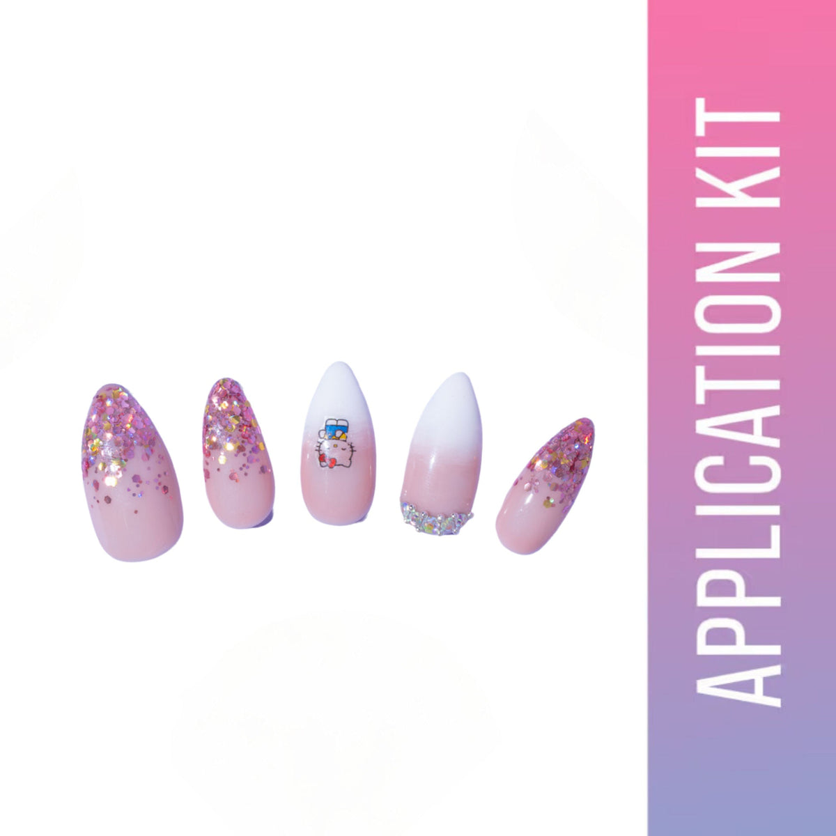 Nail art application kit with pink and white nails on a white background