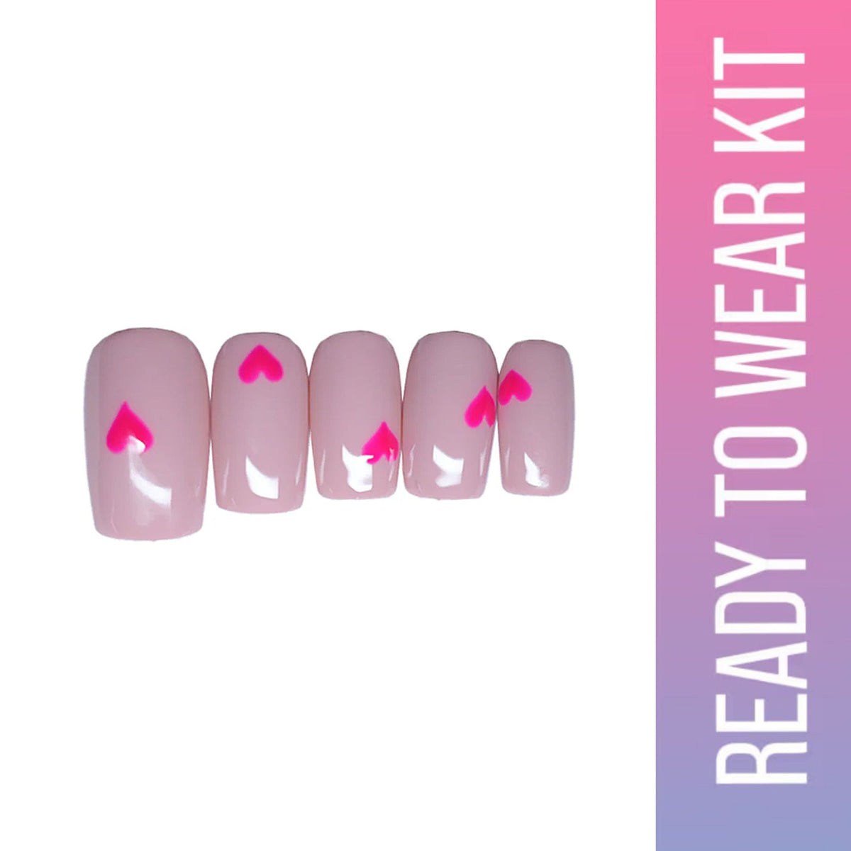 Set of press-on nails with pink hearts on a white background with text 'Ready to Wear Kit'.