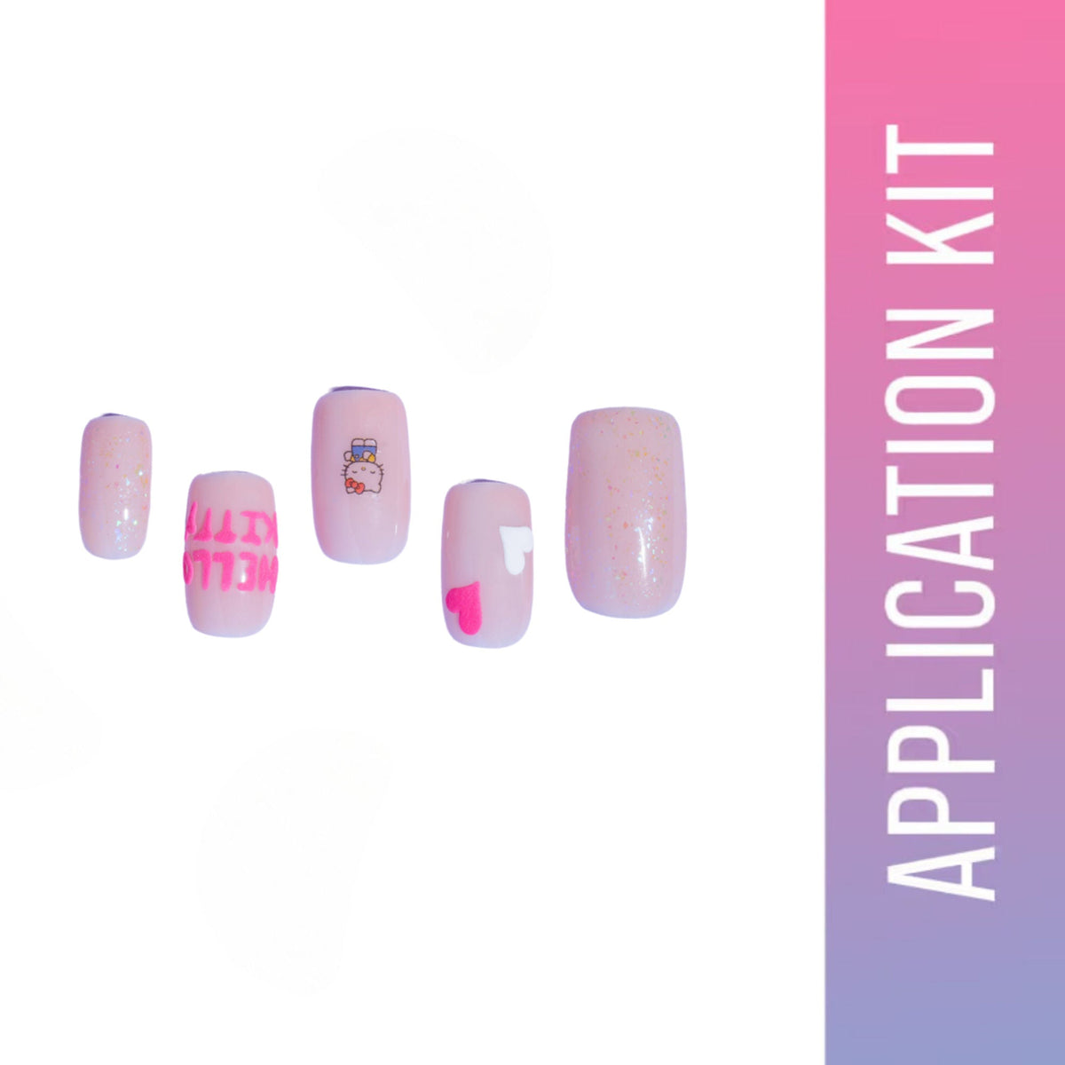 Nail application kit with pink and white nails on a white background