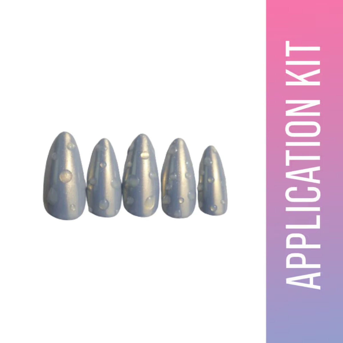 Silver nail application kit with a pink and purple gradient background