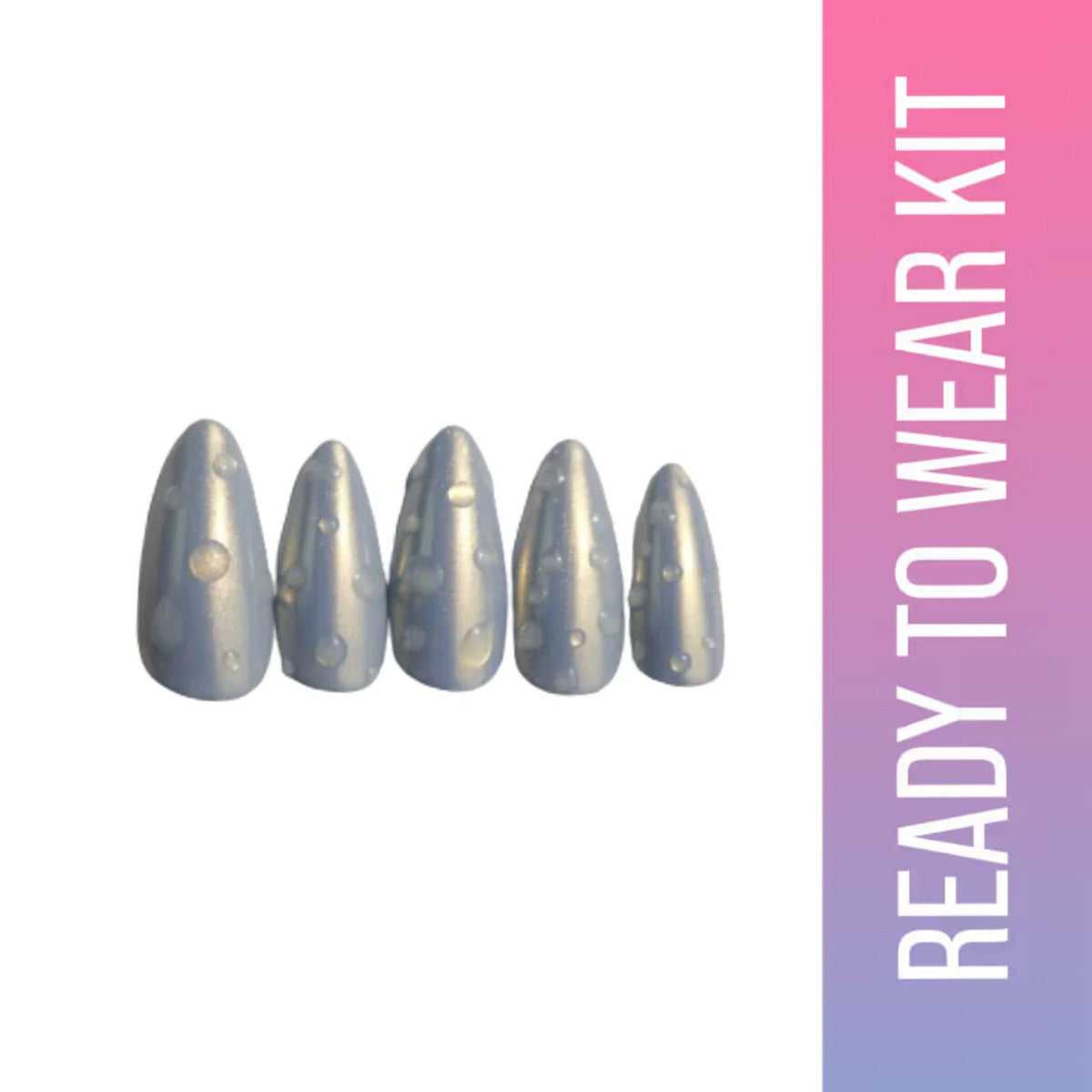 Set of silver nail tips with a 'Ready to Wear Kit' label on a pink and purple gradient background.