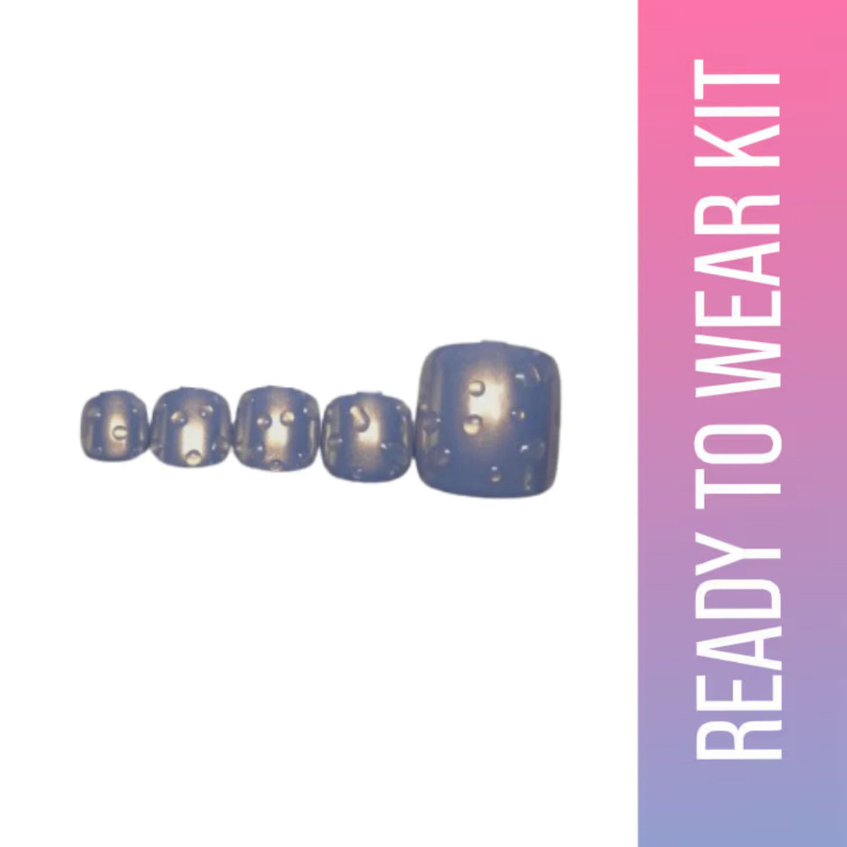 Set of blue nail polish bottles with a 'Ready to Wear Kit' text on a pink and purple gradient background.